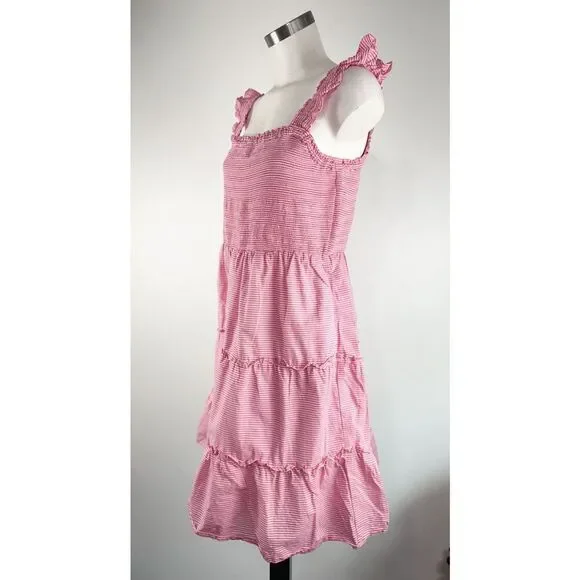J Crew Sz Large Striped Smocked Tiered Mini Dress Pink Nautical Preppy Americana